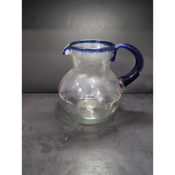 Mexican Hand Blown Glass Pitcher, Cobalt Blue Rim, 160 Oz Bubble Pitcher‎ - Picture 1 of 10